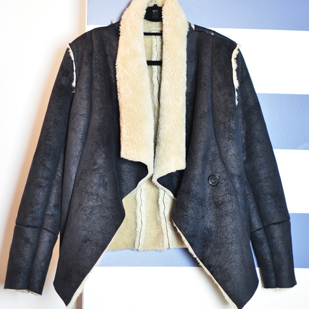 COZY CHIC BB Dakota Faux Shearling Suede Drape Fall Winter Jacket Black S-M